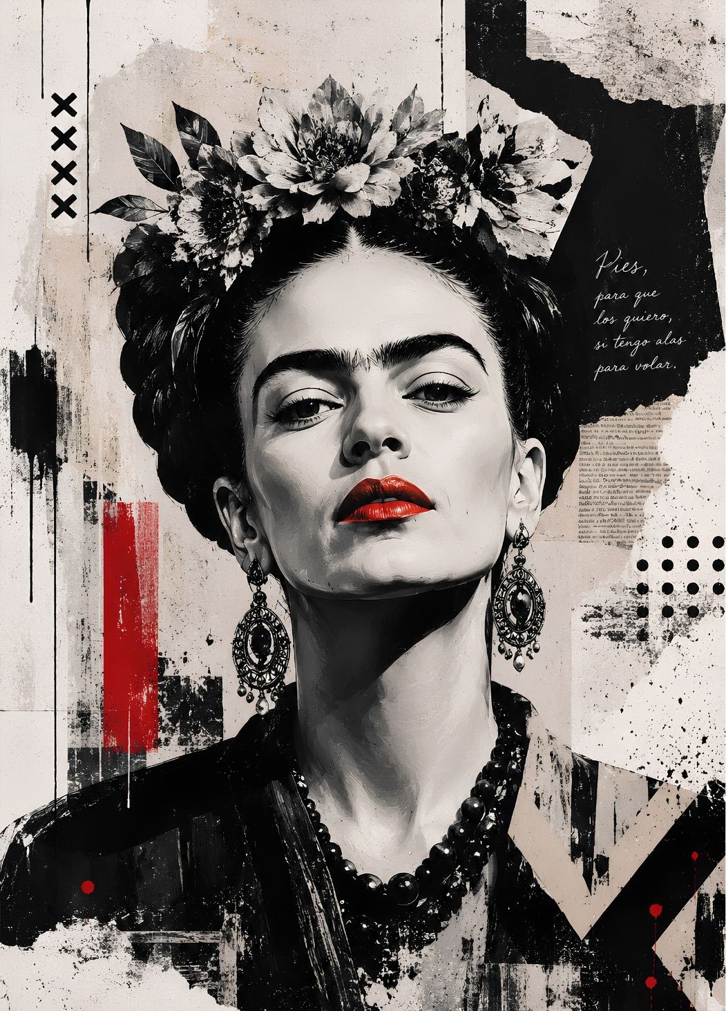 Portrait de Frida Kahlo noir et blanc en pleine page avec lèvres rouges et composition graphique
