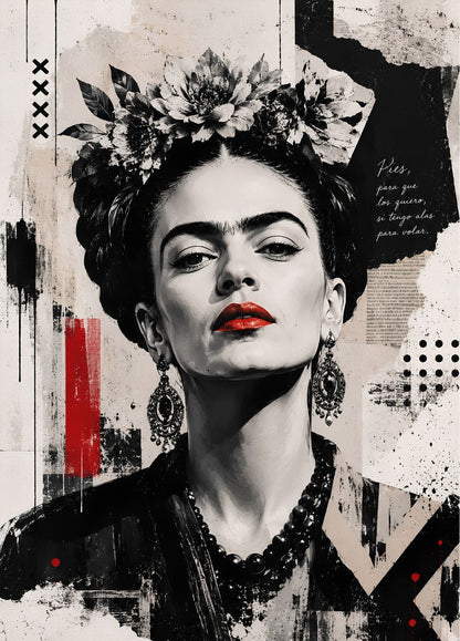 Portrait de Frida Kahlo noir et blanc en pleine page avec lèvres rouges et composition graphique
