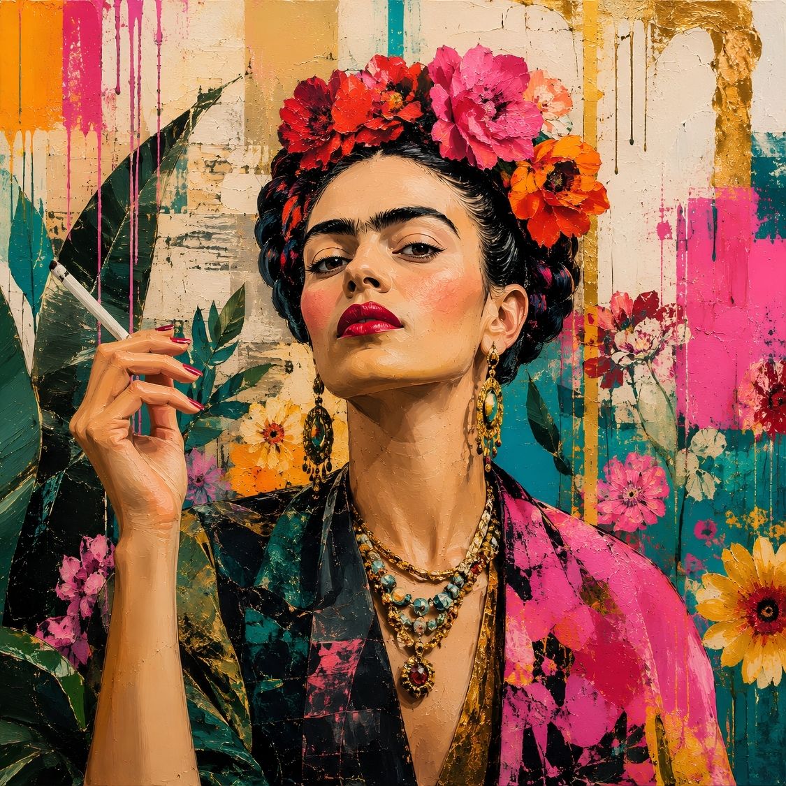 Tableau Frida Kahlo pop art coloré - Disponible à l'impressions sur 3 supports
