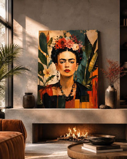 Tableau portrait de Frida Kahlo fleuri exposé dans un salon contemporain
