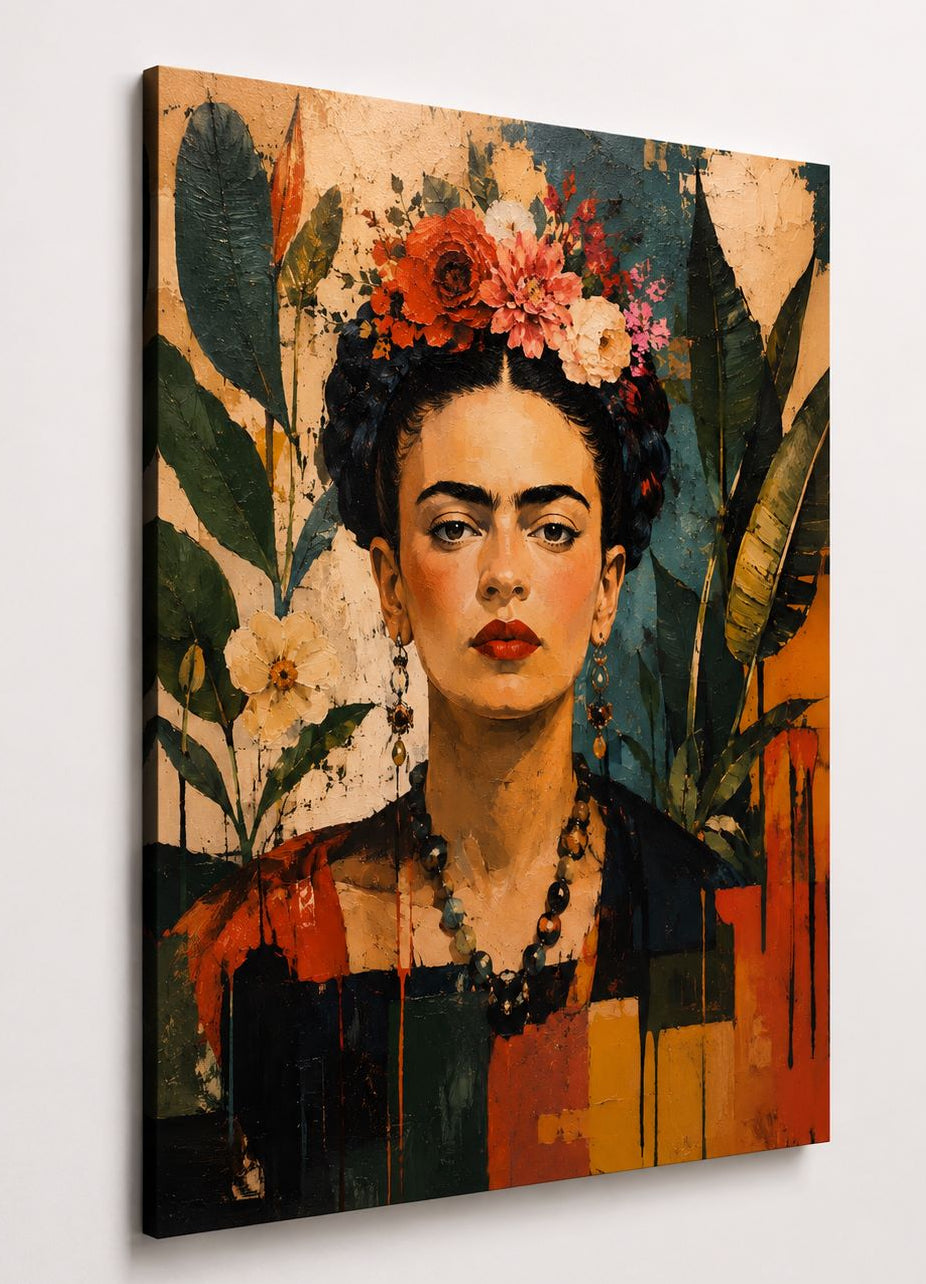 Toile Frida Kahlo fleurie montée sur châssis et présentée légèrement de profil
