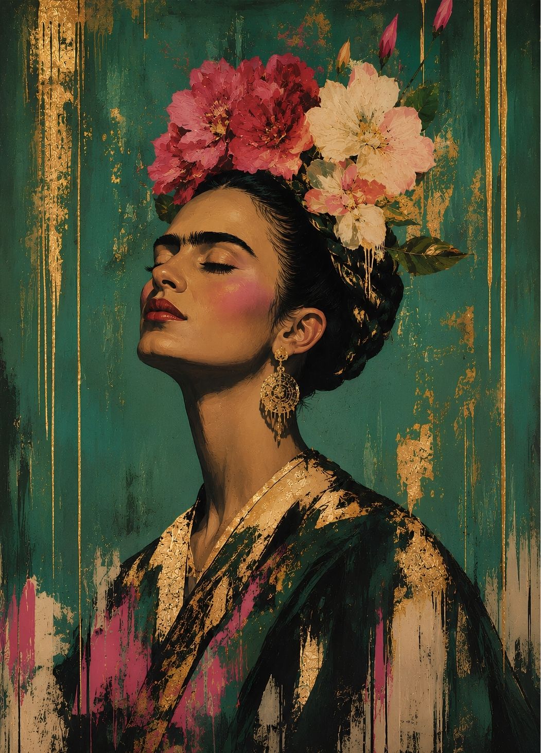 Portrait Frida Kahlo en pleine page sur fond vert émeraude avec couronne de fleurs roses et crème
