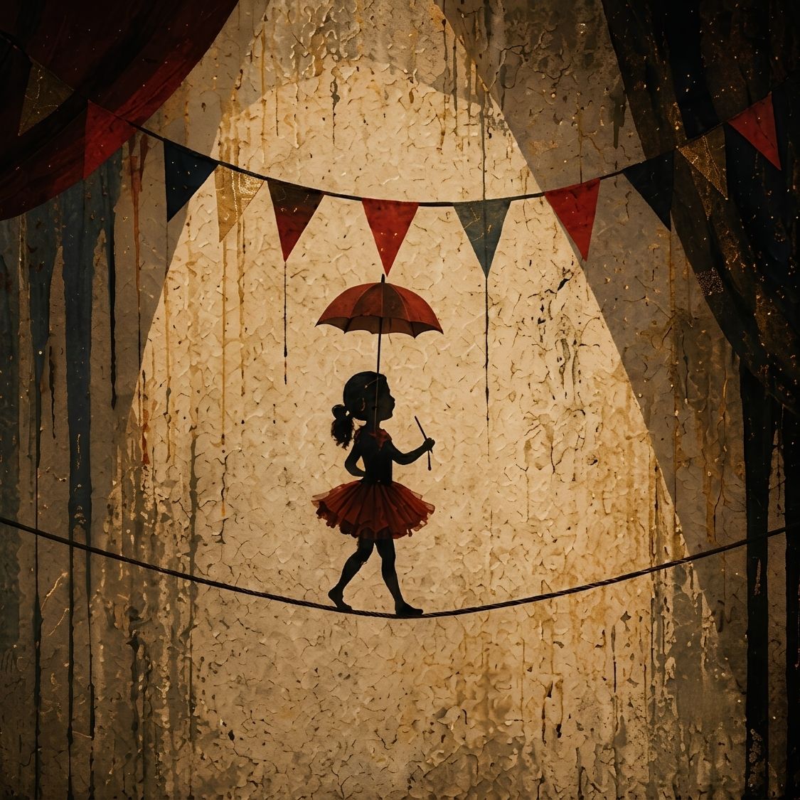 Silhouette d'une petite funambule avançant sur un fil sous un parapluie rouge au cœur d'un chapiteau vintage éclairé, dans une ambiance Circus Chic poétique idéale pour une chambre d'enfant.
