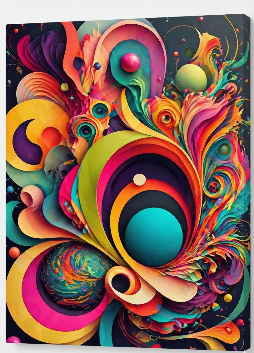 Tableau abstrait contemporain aux formes cosmiques et couleurs éclatantes
