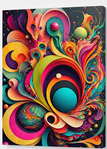 Tableau abstrait contemporain aux formes cosmiques et couleurs éclatantes
