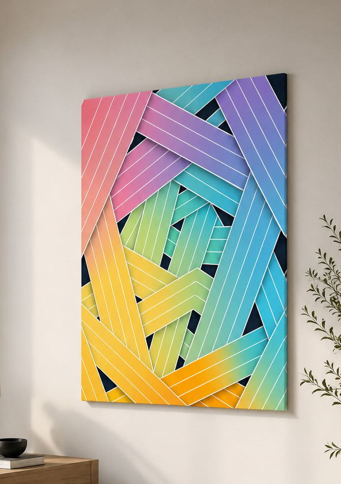 Tableau géométrique contemporain pastel avec lignes graphiques et ambiance design élégante
