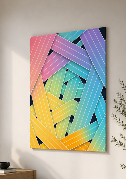 Tableau géométrique contemporain pastel avec lignes graphiques et ambiance design élégante
