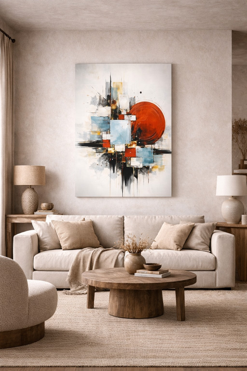 Tableau abstrait géométrique accroché dans salon contemporain design
