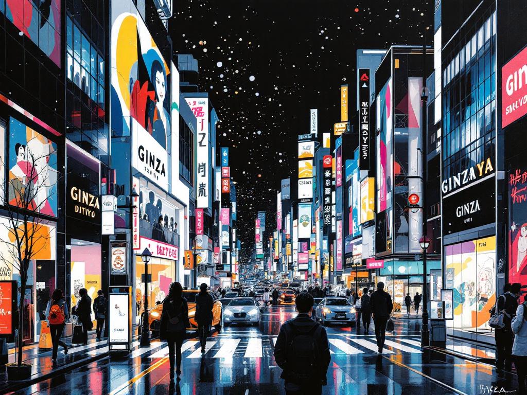 Tableau Ginza Tokyo art urbain nocturne

