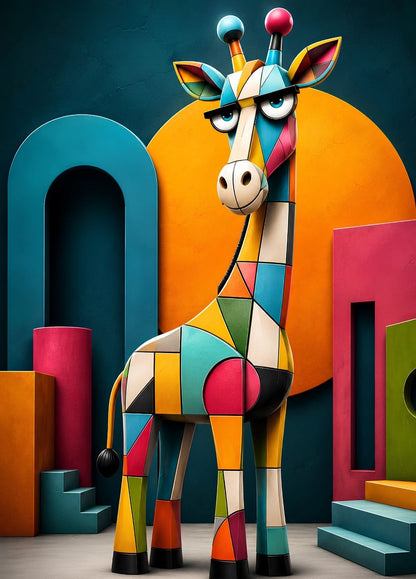 Girafe géométrique colorée dans un univers design moderne parfait pour une chambre d'enfant

