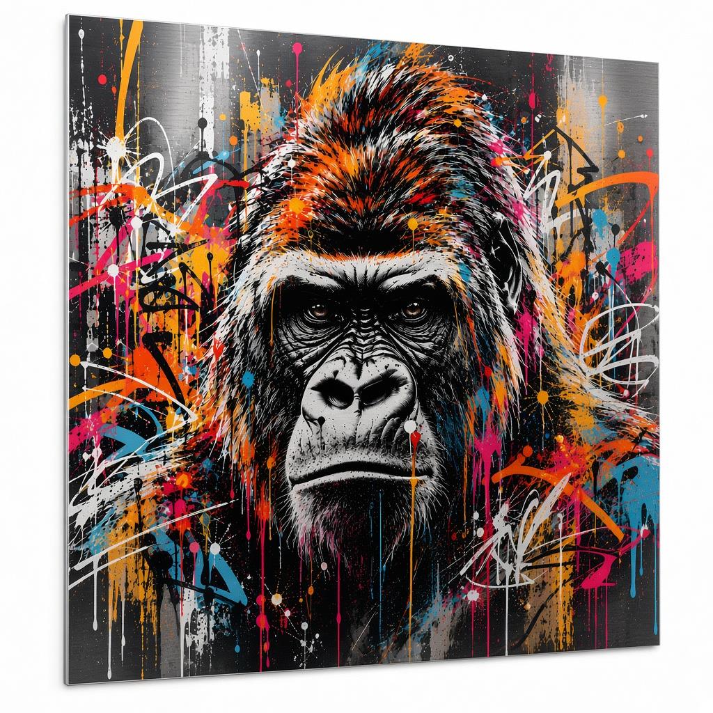 Tableau gorille graffiti sur aluminium brossé, portrait expressif aux couleurs vives sur fond noir
