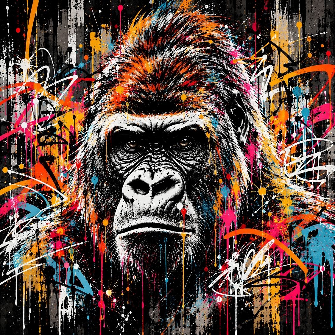 Tableau gorille street art Instinct Urbain, portrait animalier noir et blanc avec graffitis orange, rose et turquoise
