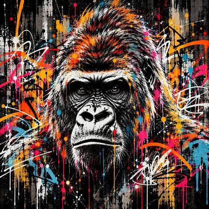 Tableau gorille street art Instinct Urbain, portrait animalier noir et blanc avec graffitis orange, rose et turquoise
