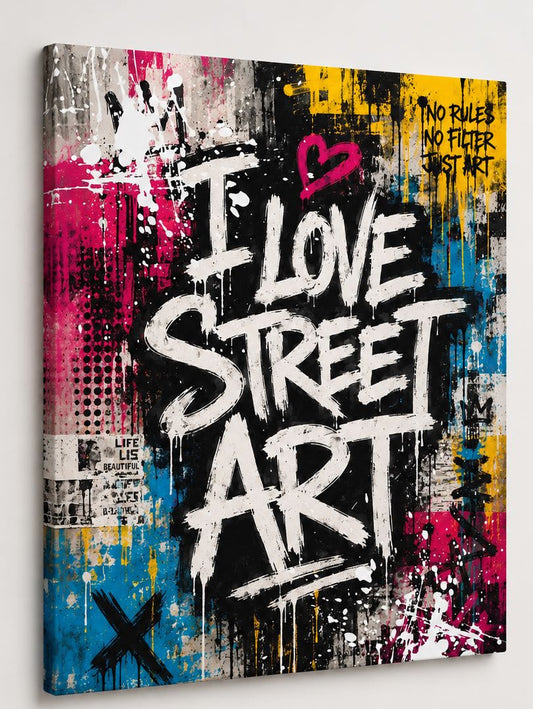 Tableau graffiti contemporain mêlant peinture urbaine, effets de bombe aérosol et typographie monumentale.

