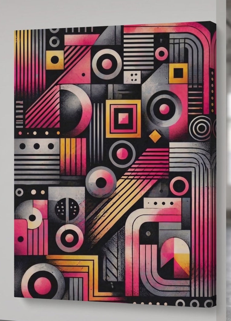 Tableau graphique contemporain rose noir avec composition abstraite design et ambiance moderne
