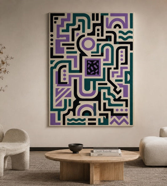 Tableau design contemporain aux formes géométriques et ambiance épurée

