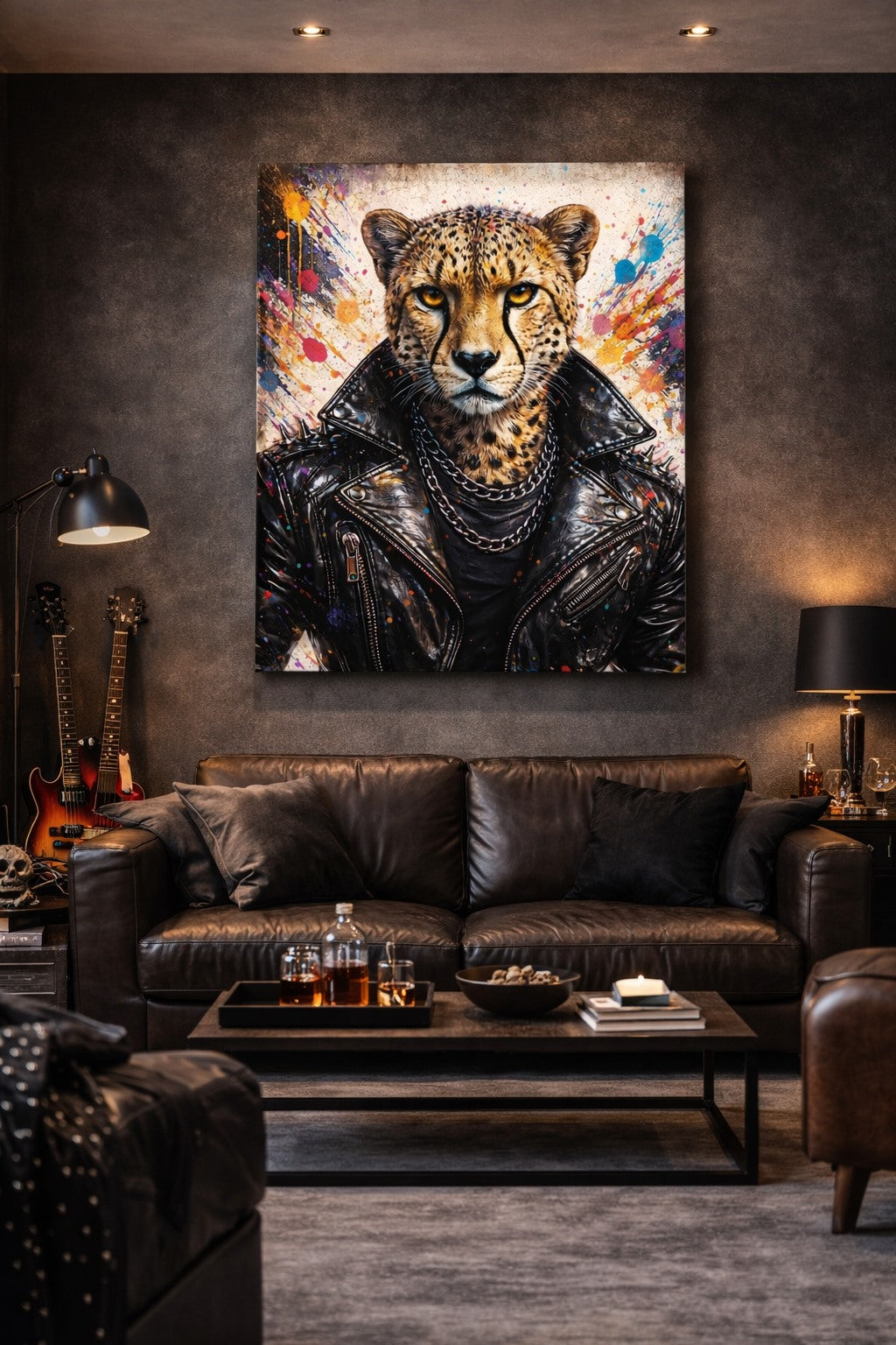 Tableau guépard design audacieux pour intérieur industriel et espace créatif
