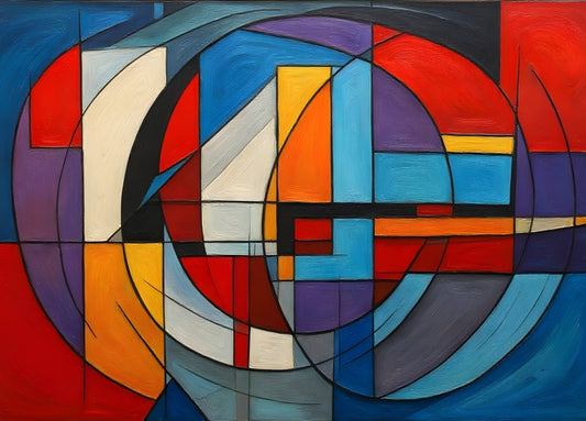 composition géométrique abstraite cercle central rouge bleu jaune lignes noires
