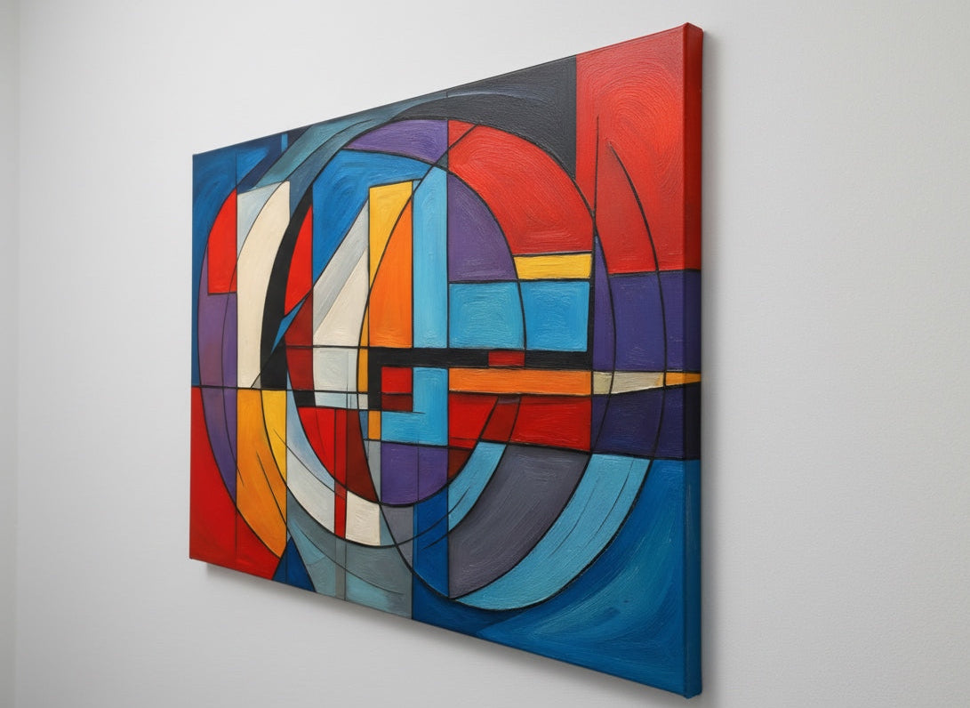 détail tableau contemporain formes circulaires et rectangulaires color block

