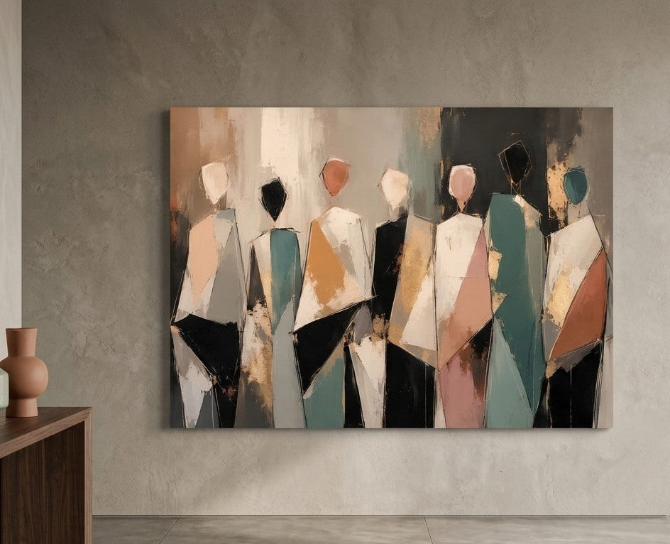 Tableau horizontal de personnages contemporains parfait pour un intérieur moderne, minimaliste et raffiné.

