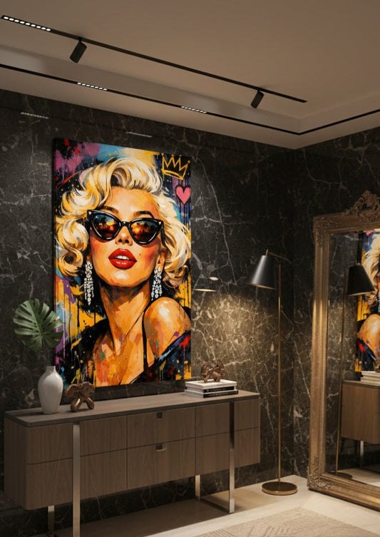 Portrait pop art icône hollywood en situation dans un intérieur contemporain