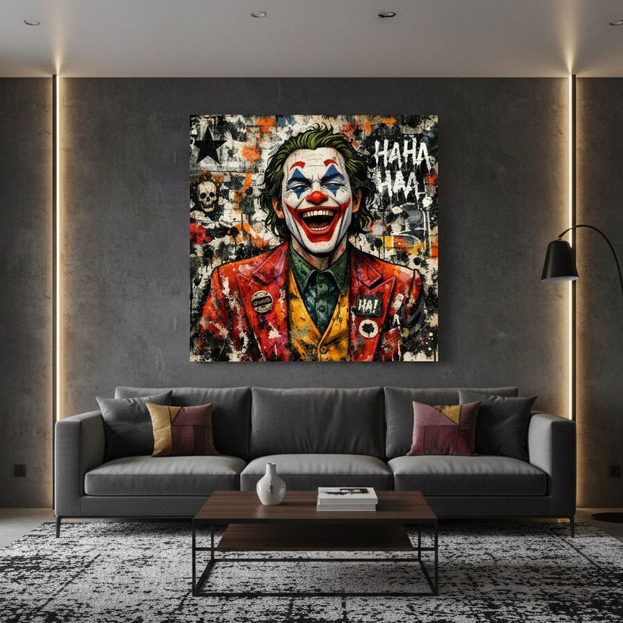 Tableau Joker street art accroché dans un salon moderne, décoration murale urbaine et audacieuse.
