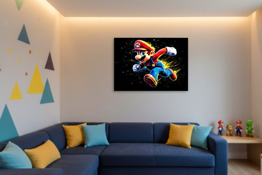 Tableau Joker street art accroché dans un salon moderne, décoration murale urbaine et audacieuse.
