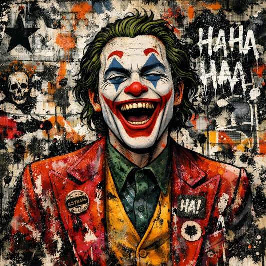 Tableau Joker street art avec fond graffiti et projections urbaines, création exclusive Iconik-Art.
