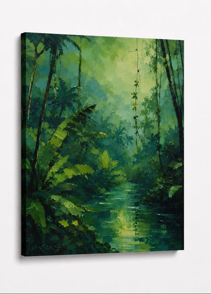 Décoration murale représentant un paysage tropical luxuriant aux nuances profondes de vert
