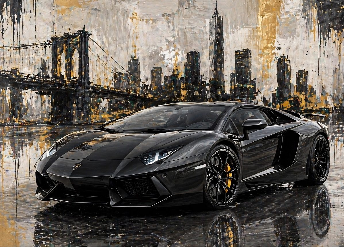 Tableau Lamborghini Aventador noir dans une ambiance urbaine street art contemporaine
