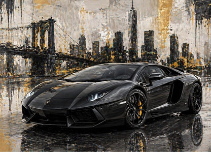 Tableau Lamborghini Aventador noir dans une ambiance urbaine street art contemporaine

