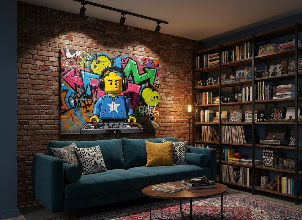 tableau pop art d'un lego accroché au mur