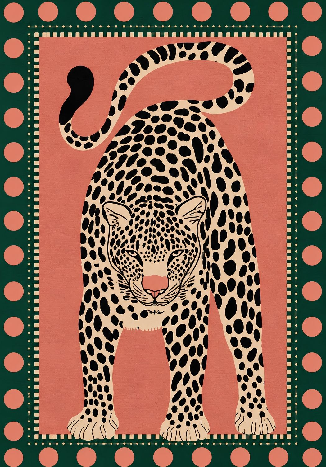 Tableau léopard coloré Félin Couture, félin tacheté noir et crème sur fond rose corail avec bordure verte
