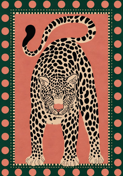 Tableau léopard coloré Félin Couture, félin tacheté noir et crème sur fond rose corail avec bordure verte
