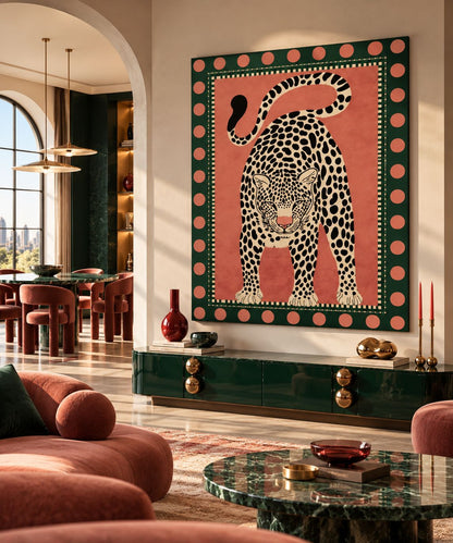 Tableau léopard coloré sur aluminium brossé, motif animalier stylisé et bordure géométrique
