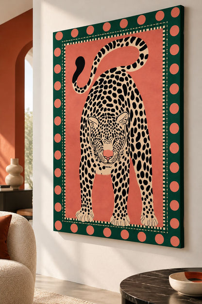 Tableau sur toile léopard graphique, illustration animalière aux motifs rétro rose et vert
