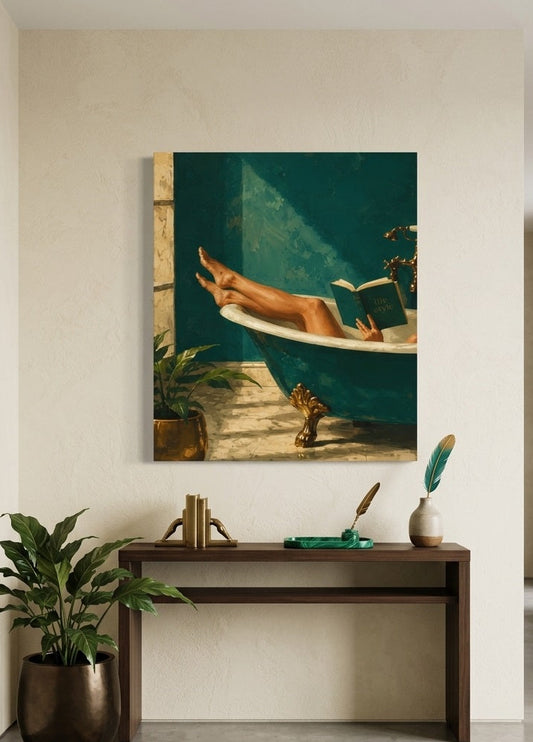 Tableau lifestyle installé dans une salle de bain contemporaine à l'ambiance élégante
