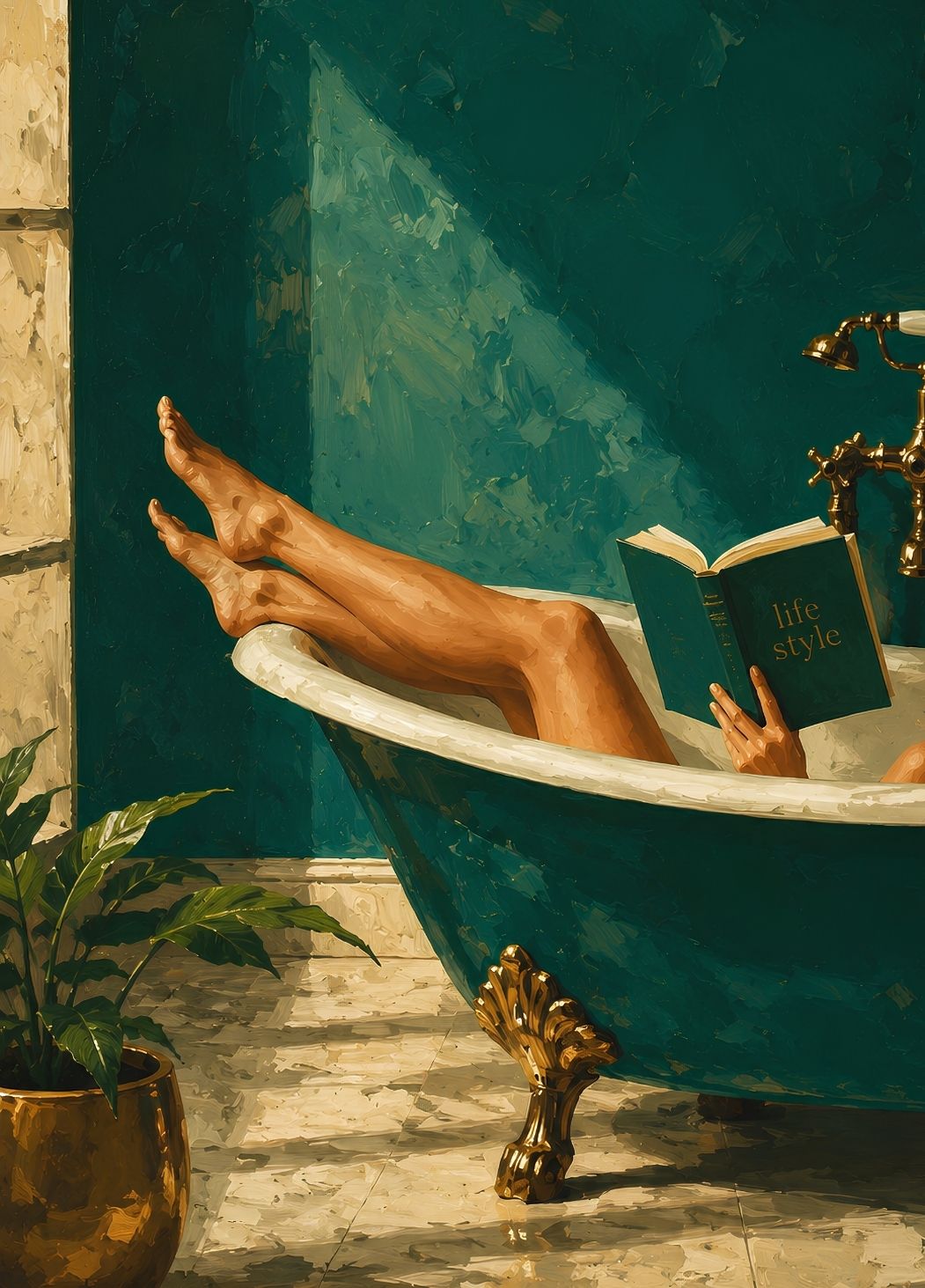 Tableau lifestyle illustrant un instant de lecture et de détente dans une baignoire design
