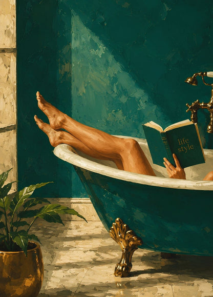 Tableau lifestyle illustrant un instant de lecture et de détente dans une baignoire design
