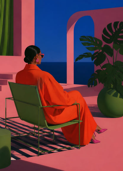 Illustration lifestyle contemporaine aux couleurs vibrantes et architecture minimaliste Iconik-Art
