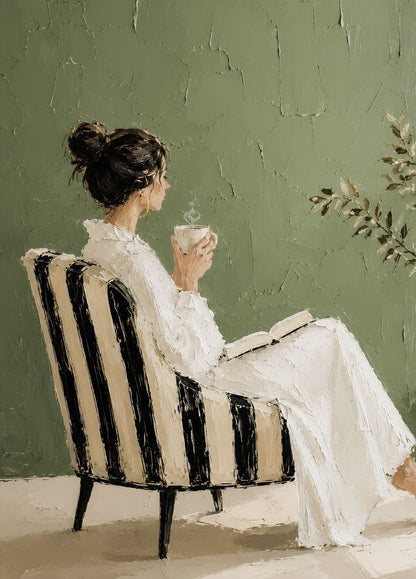 Tableau lifestyle femme lisant avec tasse de café dans une ambiance vert sauge
