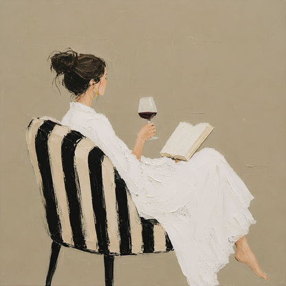 Femme de dos lisant un livre avec un verre de vin dans un fauteuil rayé
