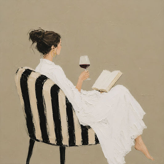 Femme de dos lisant un livre avec un verre de vin dans un fauteuil rayé
