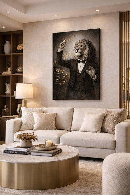 Tableau d'art d'un lion déguisé en chef d'orchestre dans un salon contemporain