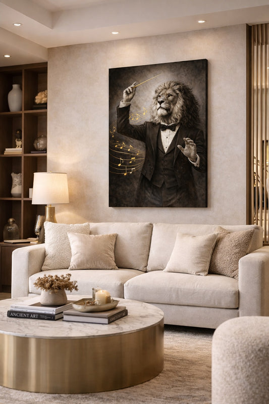 Tableau d'art d'un lion déguisé en chef d'orchestre dans un salon contemporain