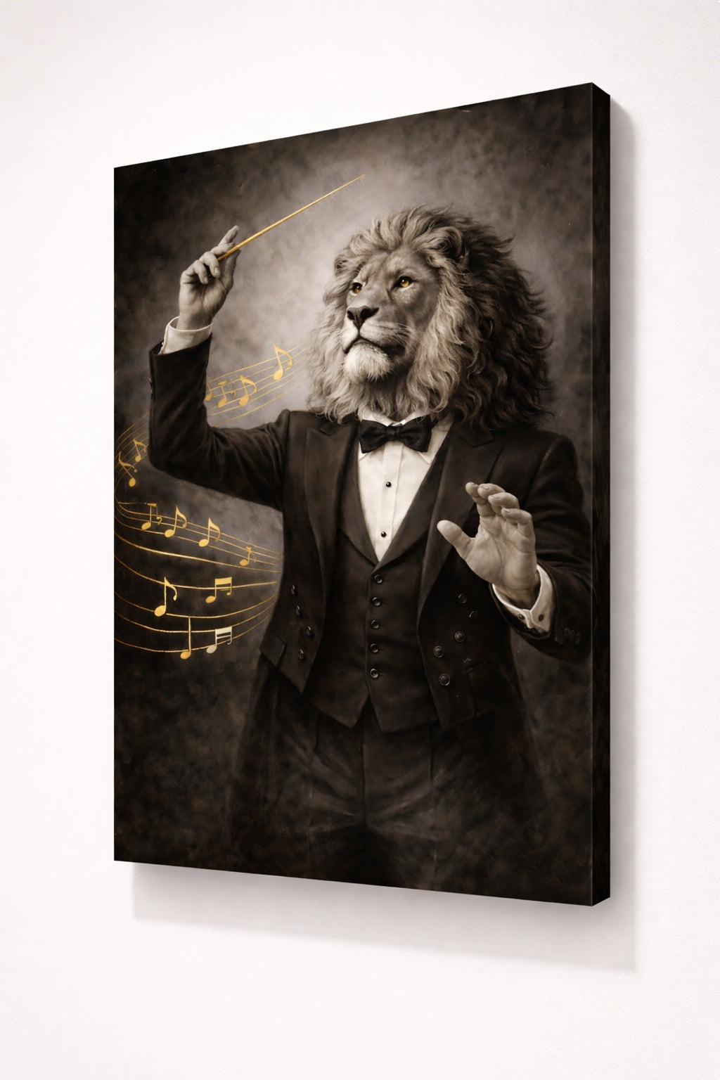 châssis entoilé représentant un lion revisité en chef d'orchestre.