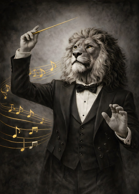 Tableau décoratif d'un lion chef d'orchestre en noir et blanc avec des touches dorées