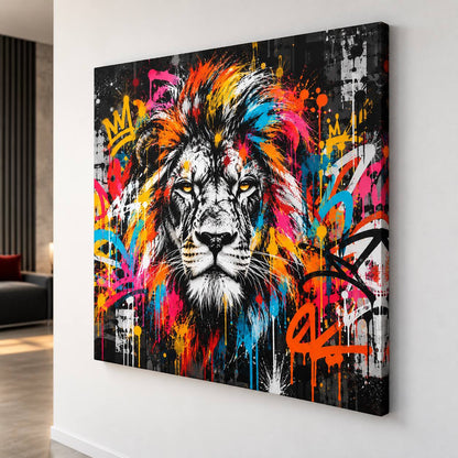 Tableau sur toile lion graffiti, portrait animalier aux couleurs vives et projections de peinture
