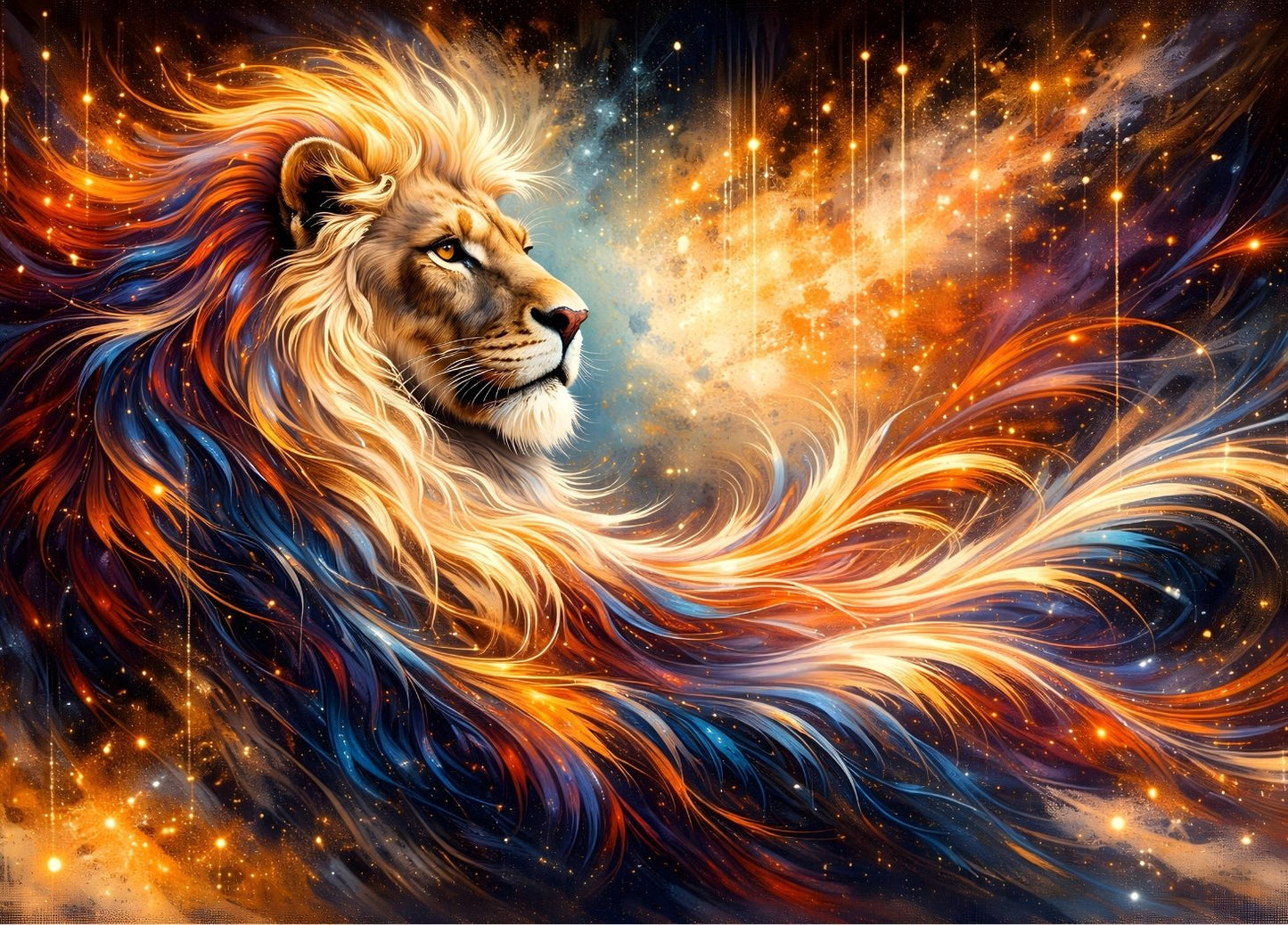 Lion majestueux aux flammes cosmiques
