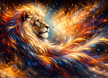 Lion majestueux aux flammes cosmiques

